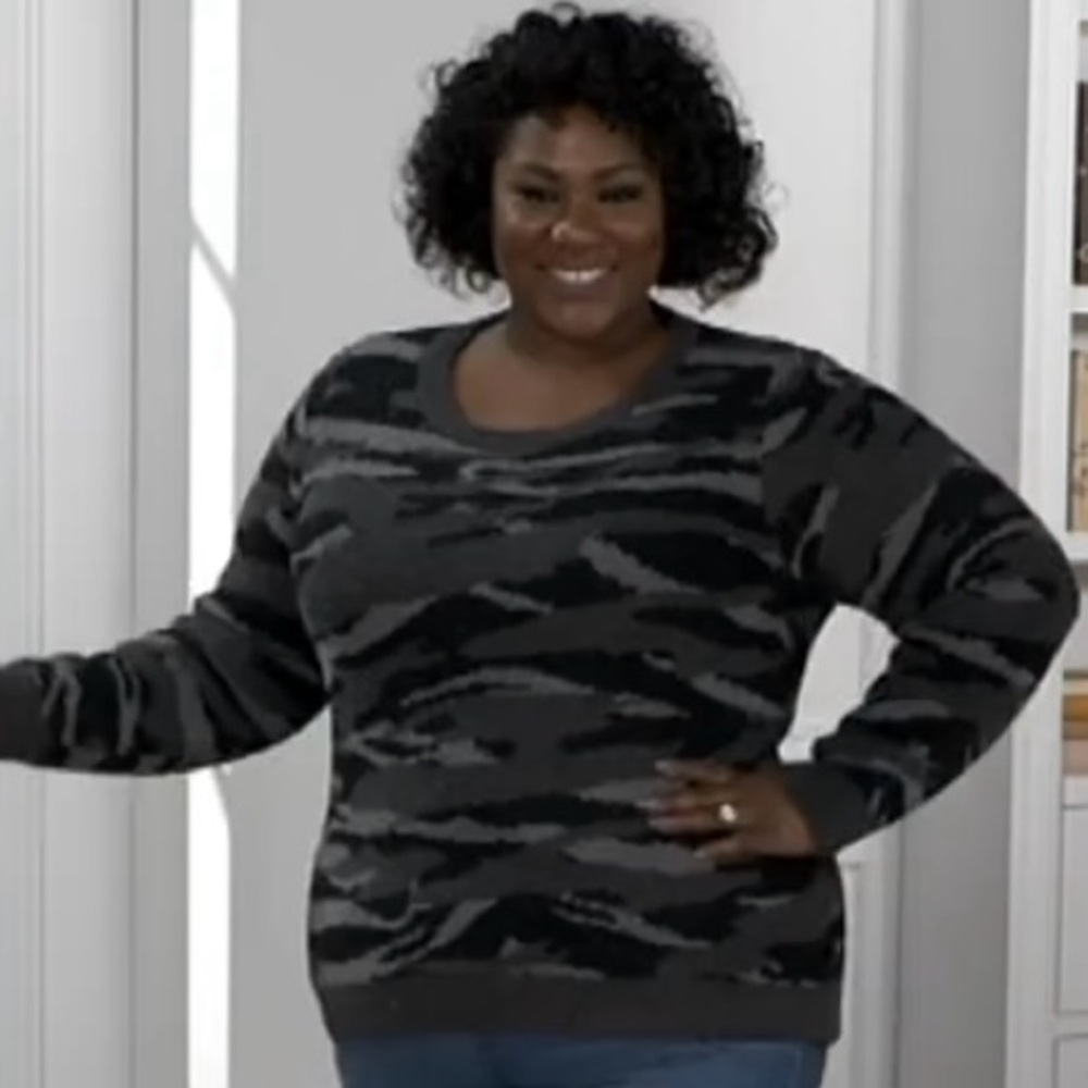 BarefootDreams 3X CozyChic Seaside Crew Camo Sweater PulloverTop Black&Gray NWT